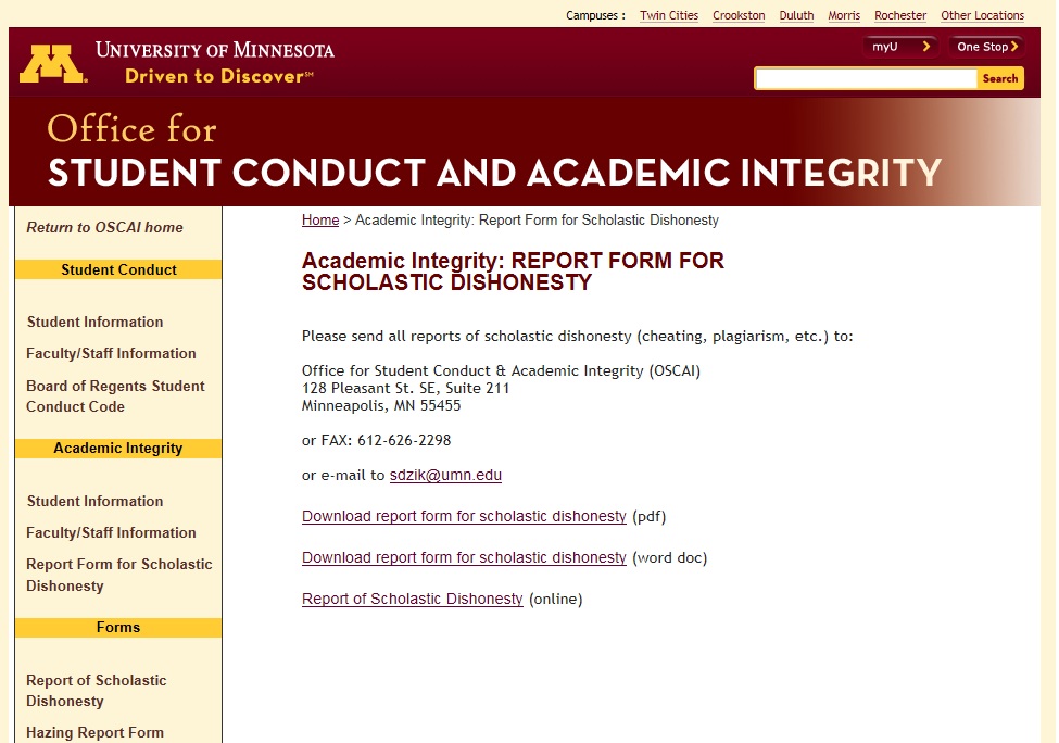 미네소타대학교 연구윤리국(Office for Student Conduct and Academic Integrity, http://www.oscai.umn.edu)
