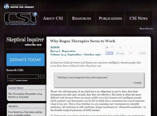 과학적 회의주의 전문잡지인 미국의 스켑티컬인콰이어러(Skeptical Inquirer) 홈페이지