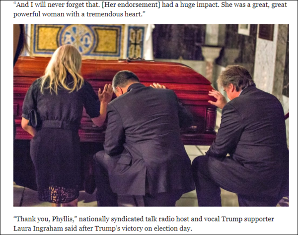 슐래플리는 2016 대선 2달 전에 작고했다. 당시 트럼프 공화당 대선후보와 캠프 중진들은 그녀의 장례식에 총 출동해 애도를 표했다. 사진=브라이트바트 본문 캡처.  