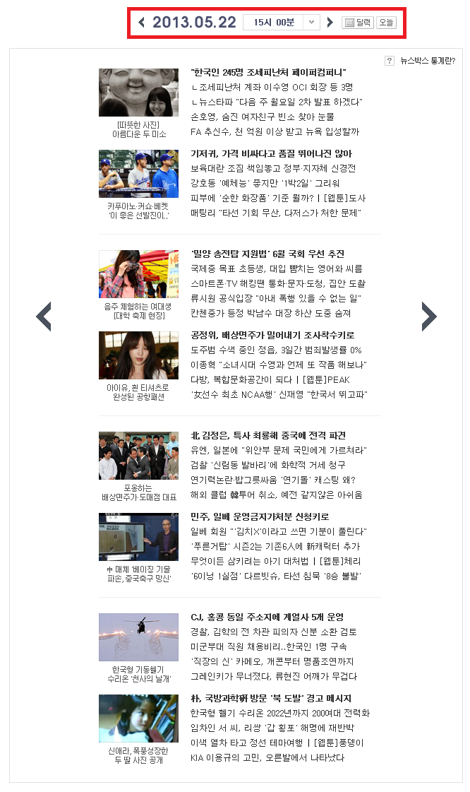 미디어다음 메인화면 뉴스통계 서비스 (2013년 5월 22일 오후15시 00분)