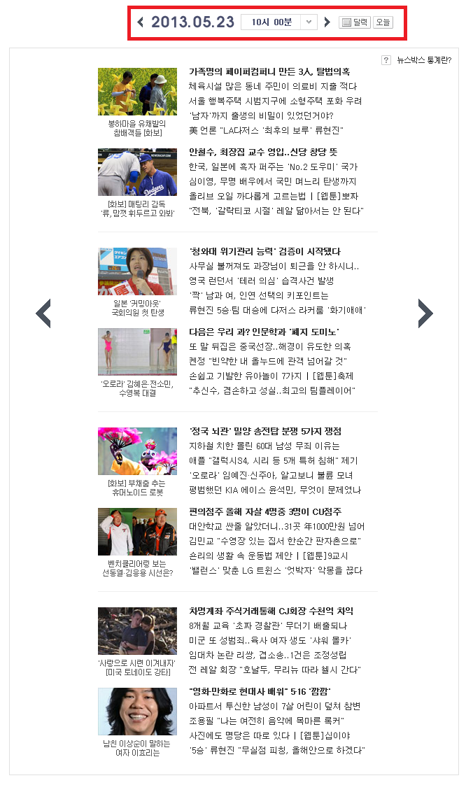 미디어다음 메인화면 뉴스통계 서비스 (2013년 5월 23일 오전10시 00분)