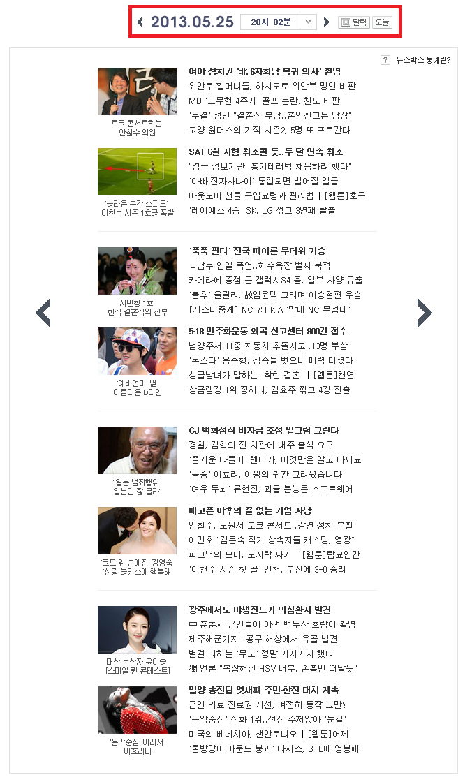 미디어다음 메인화면 뉴스통계 서비스 (2013년 5월 25일 오후 20시 02분)