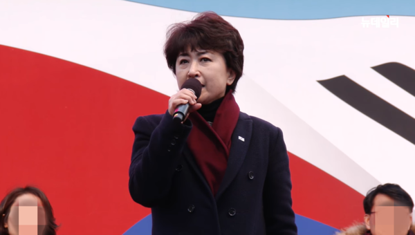 태극기집회에서 연설하던 고 정미홍 대표의 모습. 사진=뉴데일리TV 캡처